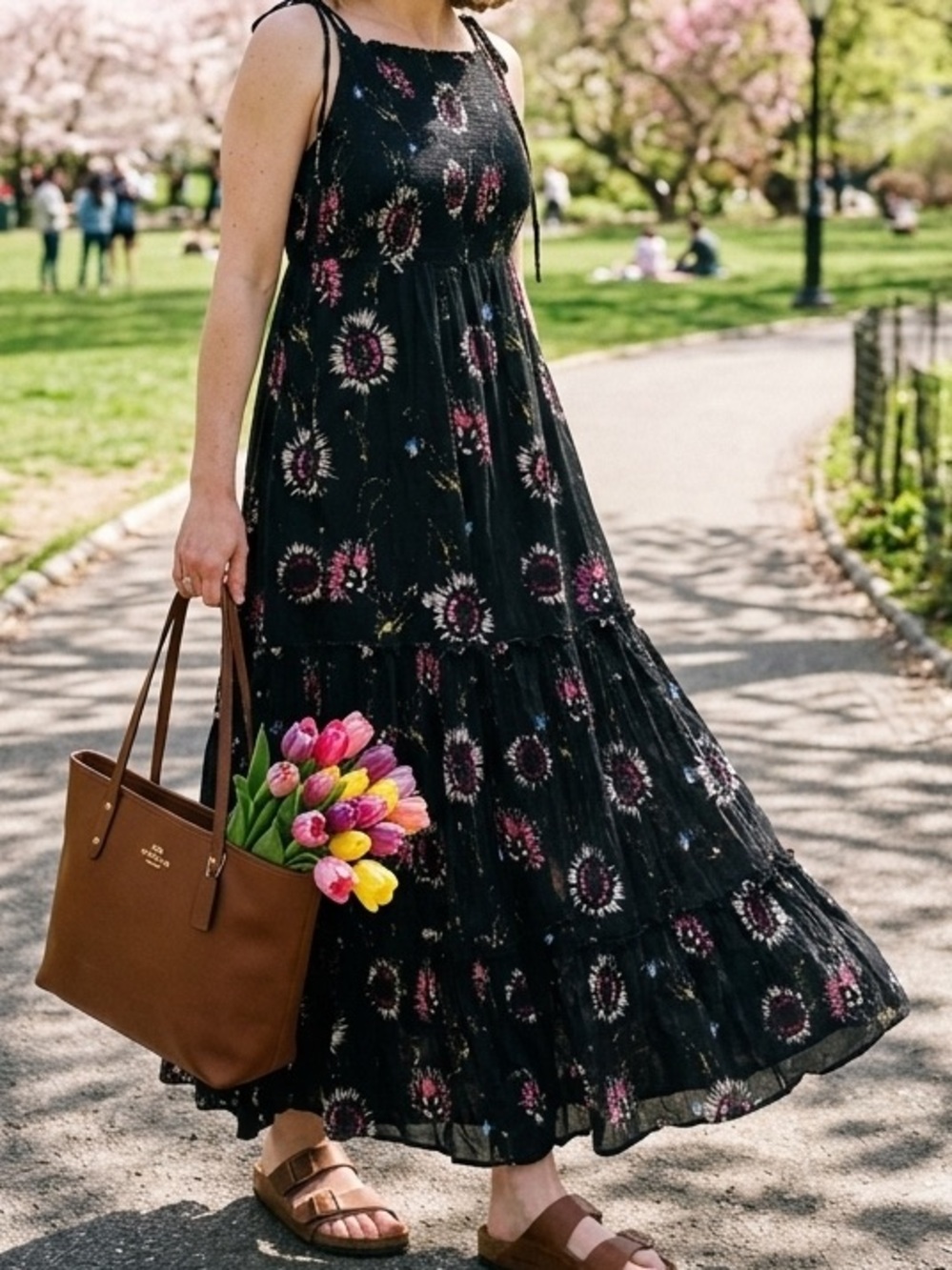 Intimately Free People Black Floral Smocked Tiered Maxi Dress L Boho Cottagecore